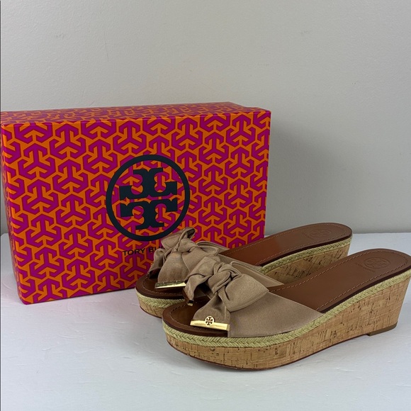 Tory Burch Penny 70MM Wedge Sandals Beige Camellia 39991 Bow Cute Beach cruise